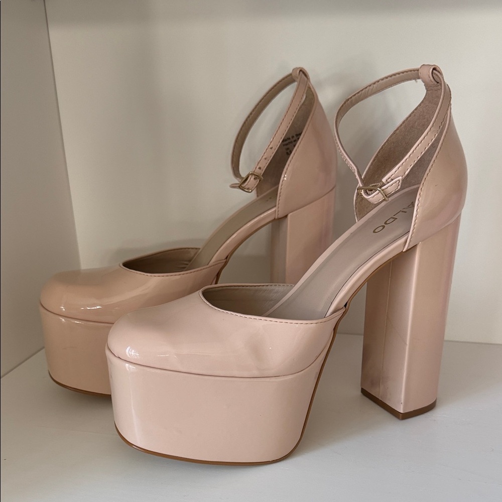 Aldo Nude Patent Platform Block Heel Pumps with‎ Ankle Strap - Picture 5 of 10